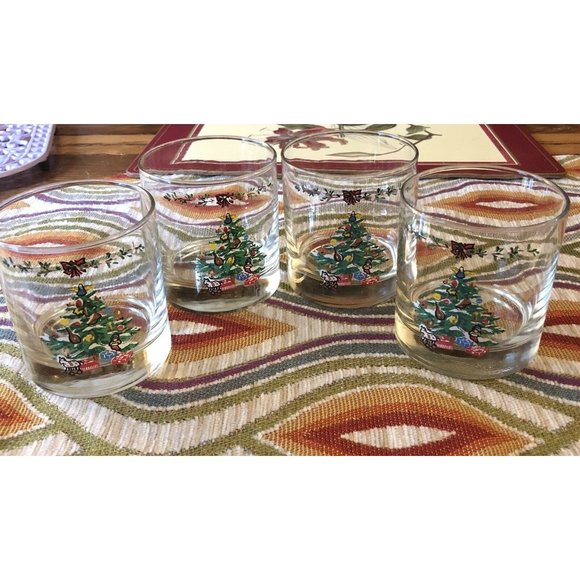 Four Christmas Tree 12 OZ Double Old Fashioned Beverage Glasses - Picture 1 of 3